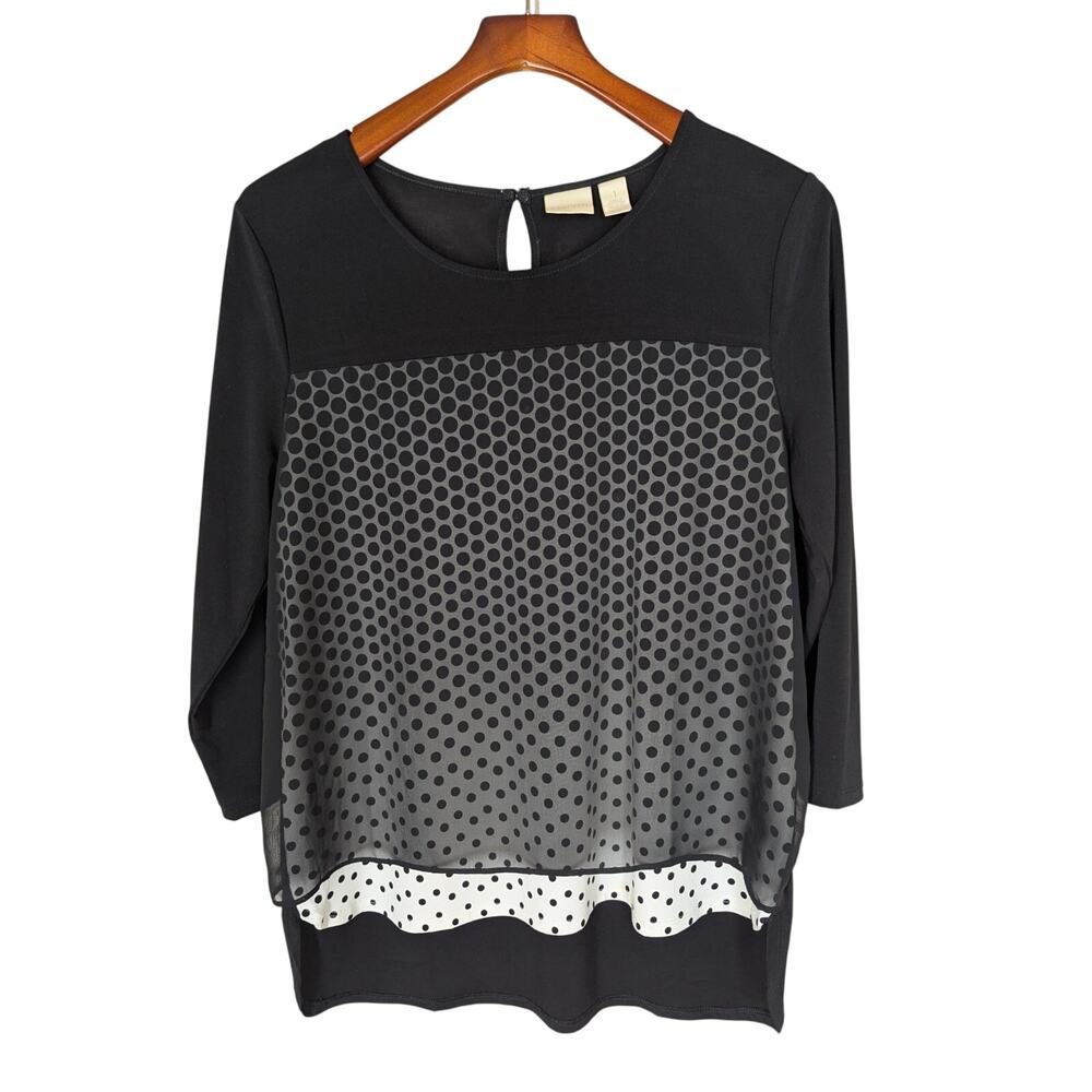 Chico's Blouse Black Chiffon Overlay White w Polka Dots Lining Size 1 Medium - Picture 1 of 9